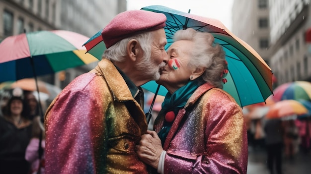 傘の下でキスしているカップル