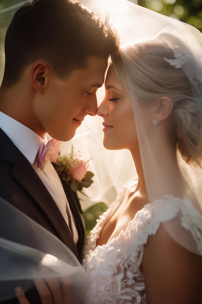 Пара целуется на свадебном фото