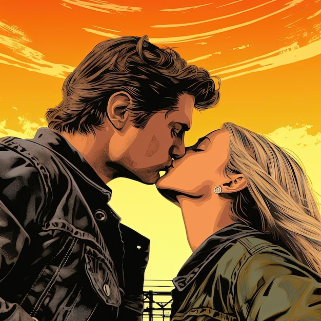 a couple kissing wildly in pop art comic book illustration in the style of realist detail