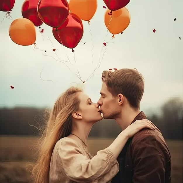 A couple kissing with balloons in the background