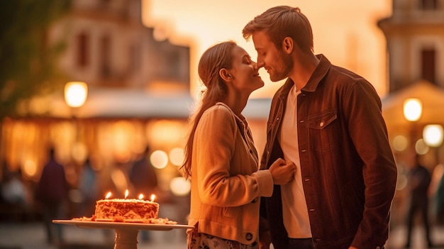 A couple kissing with a cake on the table