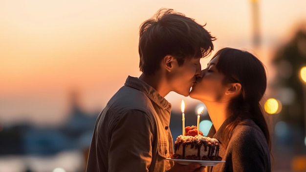 A couple kissing with a cake on the table