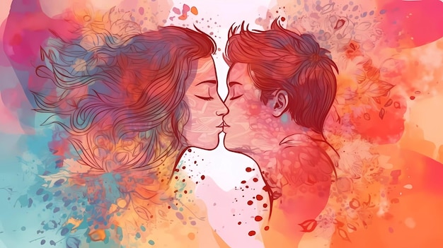 A couple kissing with colorful splashes and the word love on the bottom.