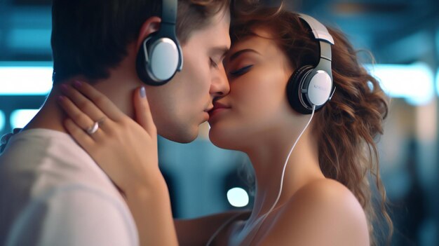 A couple kissing with headphones on their heads.