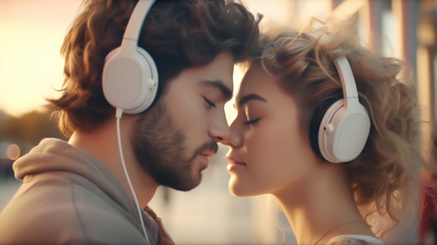 A couple kissing with headphones on their heads
