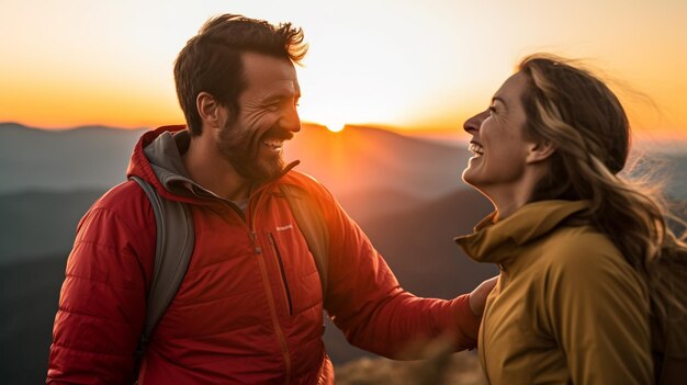 A couple laughing as they watch a sunset mental health images photorealistic illustration