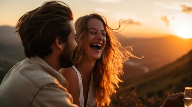 A couple laughing as they watch a sunset mental health images photorealistic illustration