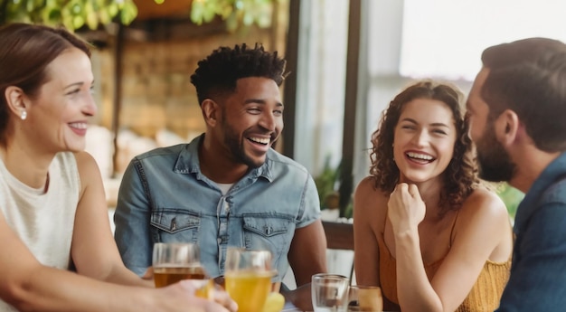 a couple laughing and laughing at a table with beer glasses