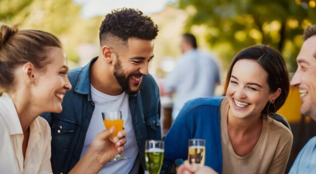 couple laughing and laughing at a table with drinks and a man wearing a blue shirt