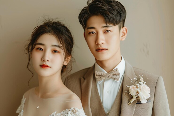 가고 중립적인 배경에 고전적이고 우아한 외모를 보여주는 밝은 베이지 형식의 옷을 입은 커플