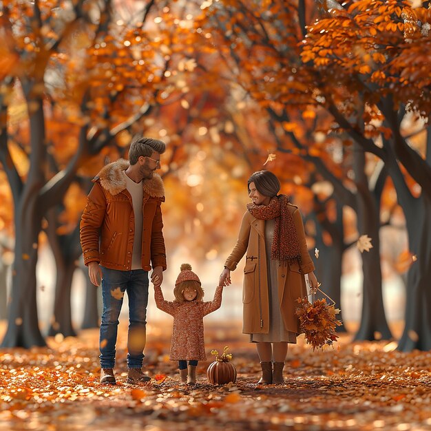 Photo a couple and a little girl are holding hands and the leaves are falling