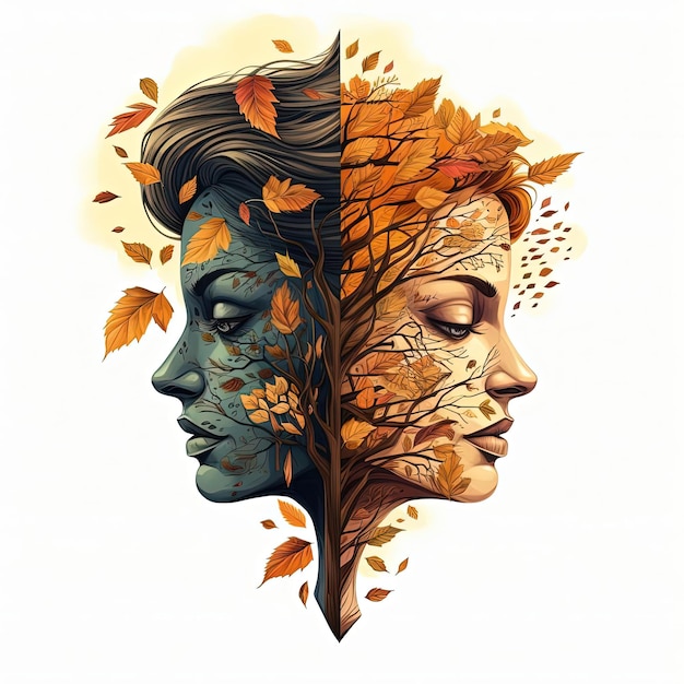 couple and lone leaf in autumn in the heart in the style of psychedelic graphic design