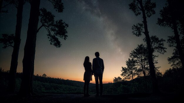 写真 星を眺めるカップル 夜の風景