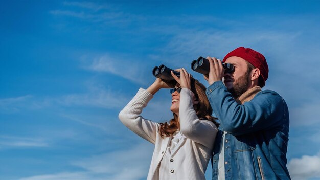 Couple looking at the blue sky with binoculars