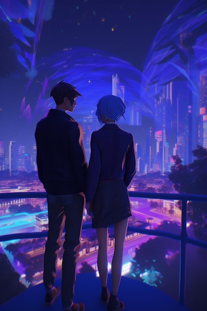 A couple looking at a cityscape with a blue background