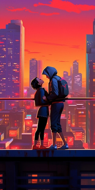 A couple looking at a cityscape with a city in the background