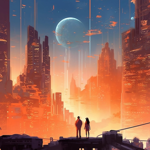 A couple looking at a cityscape with a planet in the background
