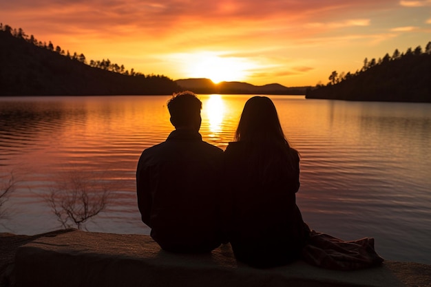 Couple looking lake sunset