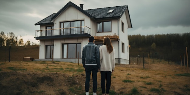 Пара смотрит на новый дом, вид сзади