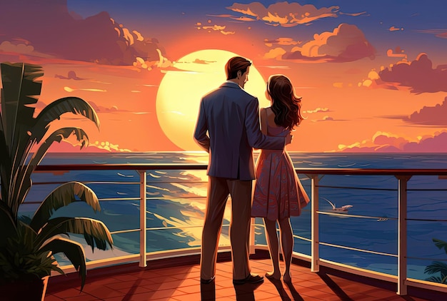 a couple looking at the ocean from their cruise deck in in the style of colorful dreams