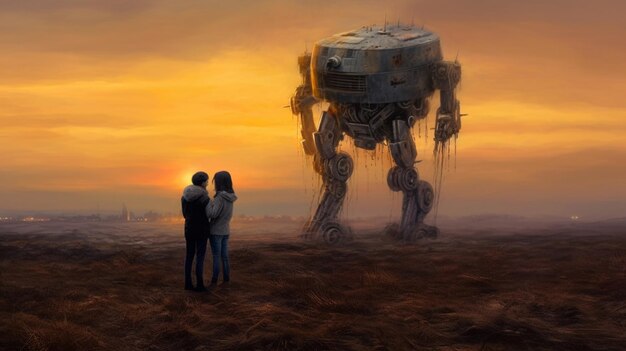 A couple looking at a robot that is in the distance.