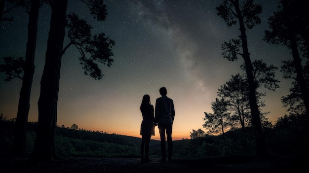 Photo couple looking at stars night landscape