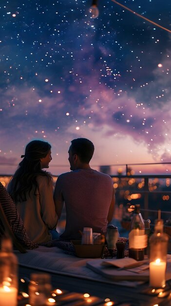 a couple looking at the stars in the sky