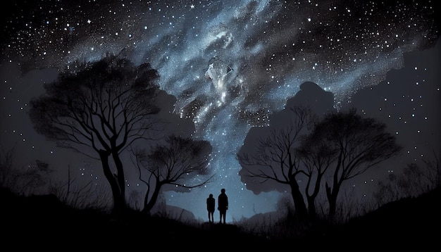 空の星を見ているカップル