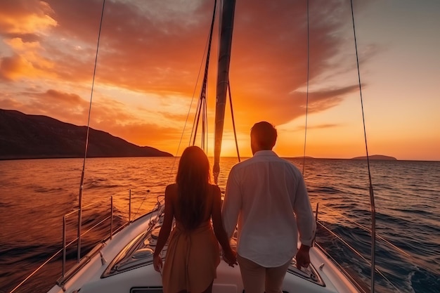 Couple looking in sunset at yacht Romantic vacation Generative AI