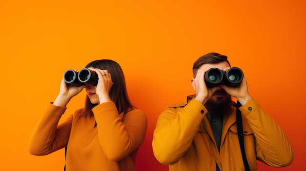 couple looking through binoculars on orange background