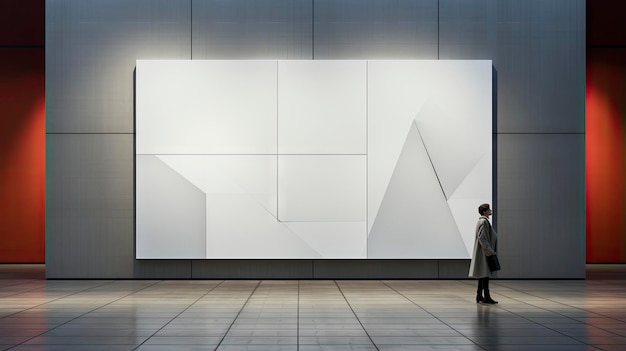 a couple looking at a wall with a large white square in the middle.