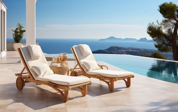 A couple of lounge chairs sitting next to a swimming pool AI