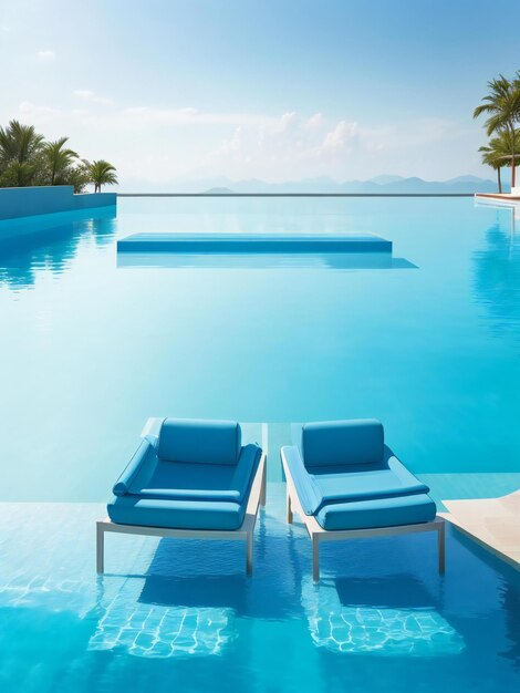 A couple of lounge chairs sitting next to a swimming pool