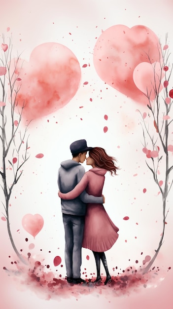 Couple in love against valentines day background with hearts