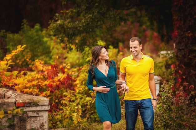 Couple in love in ancient retro place in autumn