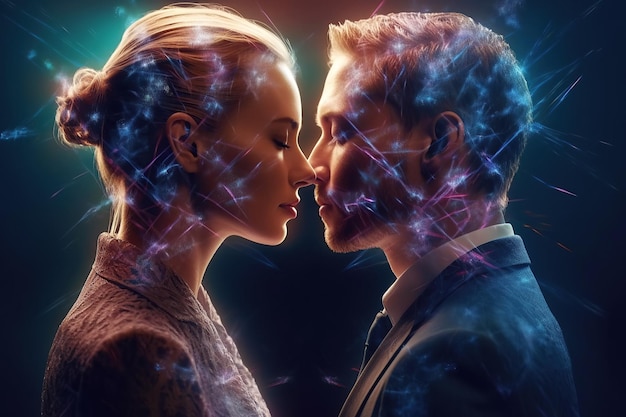 Couple in love are kissing Stylish man and woman with multi exposure Generative AI