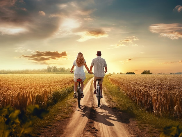 couple in love ataversano wheat field with bicycle generated ia