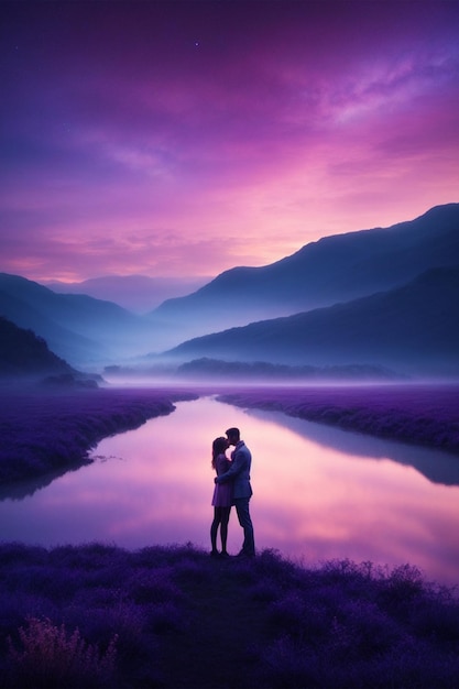 Couple in love on the background of a beautiful mountain landscape