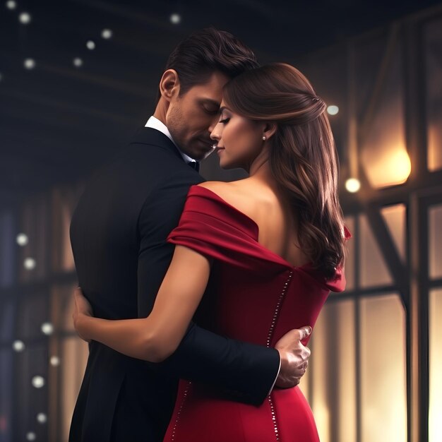 Photo couple in love beautiful young man and woman in evening dress embracing and looking at each other