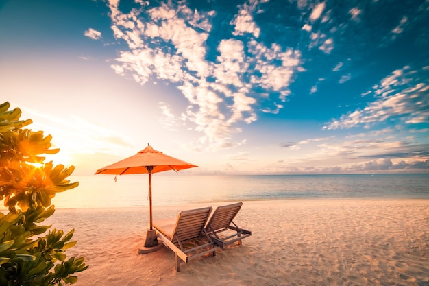 Пара любит стулья. Вид на море с белым песком с горизонтом, красочным сумеречным небом, спокойствием и релаксацией