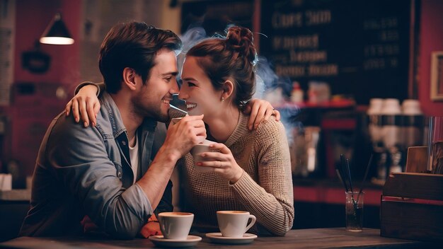 Couple in love drinking coffee in coffee shop