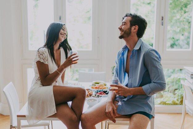 Couple in love eating breakfast in the morning