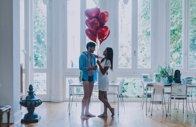 Couple in love eating breakfast in the morning