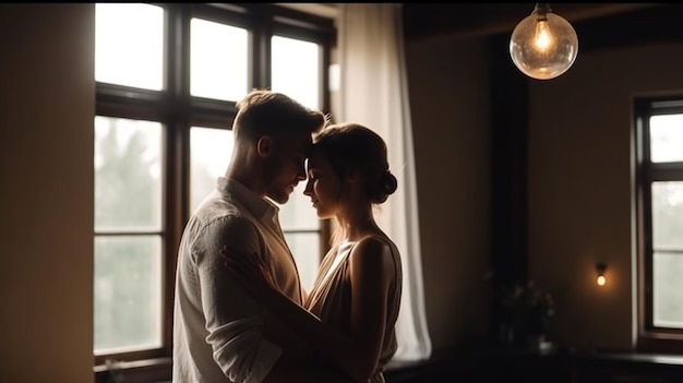 A couple in love embraces in front of a window.