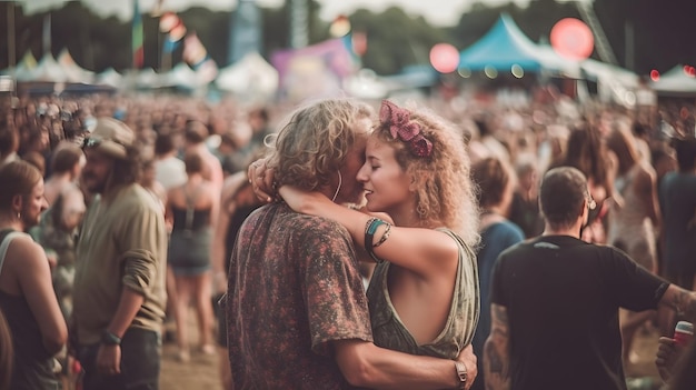 Couple in love on a festival kissing hug gentle generative ai