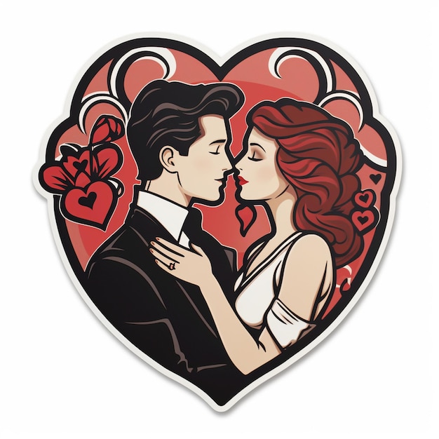 Photo couple in love flat valentines sticker white background black outline