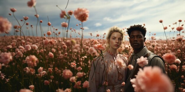 Photo couple in love on flower meadow generative ai