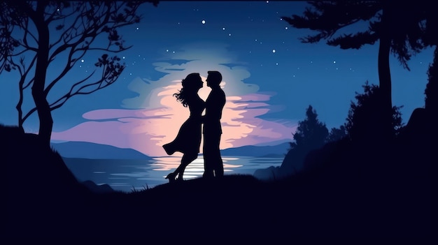A couple in love under a full moon