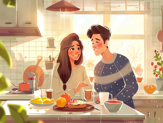 Влюбленная пара завтракает на кухне.