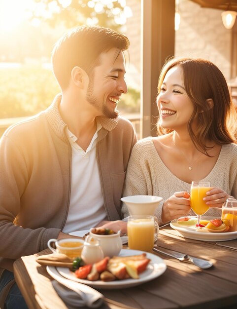 朝の光で朝食をとる恋人カップル